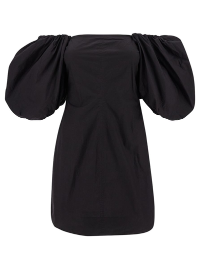 GANNI MINI BLACK DRESS WITH PUFF SLEEVES IN COTTON WOMAN