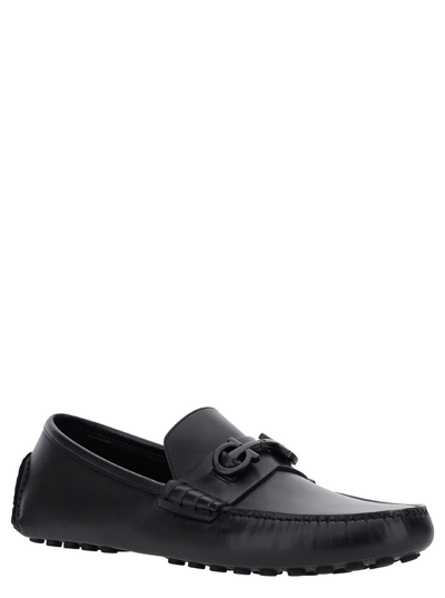 FERRAGAMO BLACK LOAFERS WITH TONAL GANCINI DETAIL IN LEATHER MAN