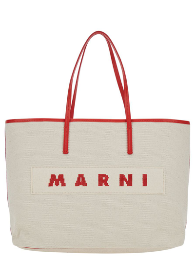 MARNI 'SMALL JANUS' WHITE TOTE BAG WITH LOGO PATCH IN COTTON WOMAN