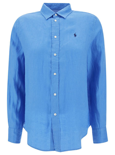 Polo Ralph Lauren Long Sleeves Button Front Linen Shirt In Blu