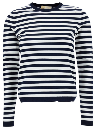 MICHAEL MICHAEL KORS BLUE AND WHITE STRIPED SWEATER WITH LOGO PATCH IN RECYCLED VISCOSE BLEND WOMAN