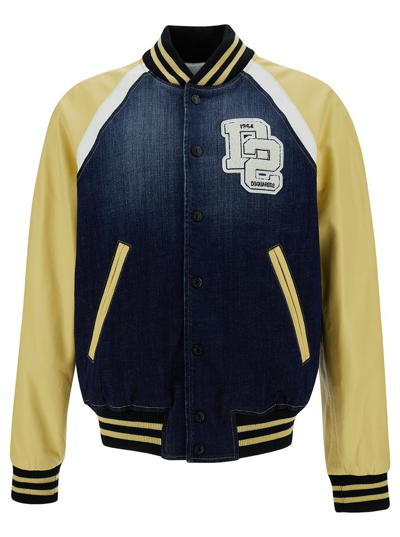 DSQUARED2 'COLLEGE' YELLOW AND BLUE VARSITY JACKET WITH LOGO PATCH AND CONTRASTING SLEEVES IN STRETCH COTTON M