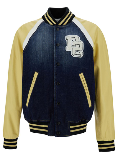 Dsquared2 'college' Yellow And Blue Varsity Jacket With Logo Patch And Contrasting Sleeves In Stretch Cotton M In Multi