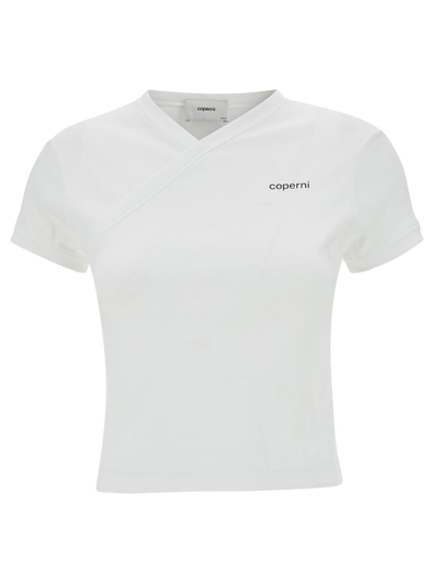 COPERNI WHITE T-SHIRT WITH V NECKLINE AND LOGO IN COTTON WOMAN