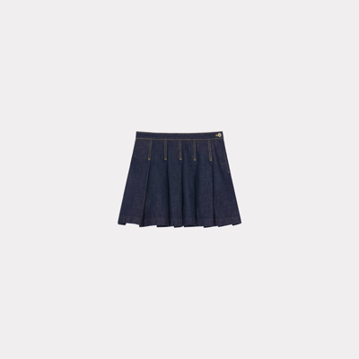 Kenzo Pleated Cotton Denim Mini Skirt In Rinse Blue Denim