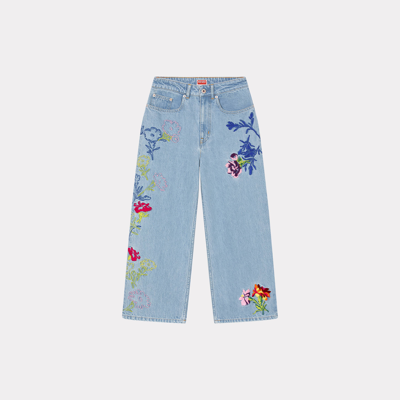 Kenzo Drawn Flowers' Embroidered Cropped Jeans Stone Bleached Blue Denim