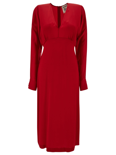 SEMICOUTURE MIDI RED V NECK DRESS WITH LONG SLEEVE IN ACETATE AND SILK BLEND WOMAN