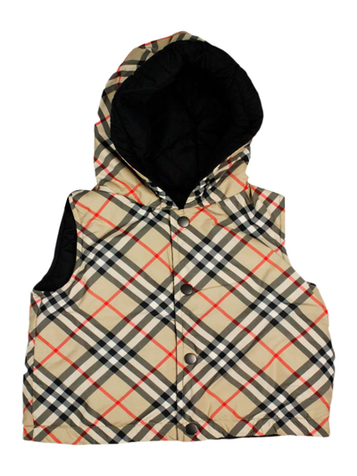 Burberry Kids' Reversible Vest With Check Pattern, With Solid Color Quilted Interior In Beige