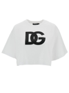 Dolce & Gabbana White Cotton Cropped T-shirt With Drop Shoulder And Logo Print For Women In White