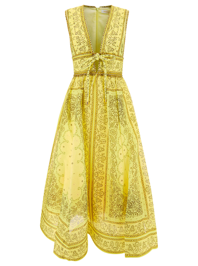 ZIMMERMANN MATCHMAKER LONG YELLOW DRESS WITH BANDANA PRINT AND BOW DETAIL IN SILK WOMAN