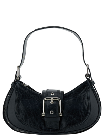 OSOI SMALL BROCLE BLACK SHOULDER BAG IN HAMMERED LEATHER WOMAN