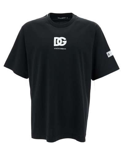Dolce & Gabbana Black Crewneck T-shirt With Dg Logo Print In Cotton Man