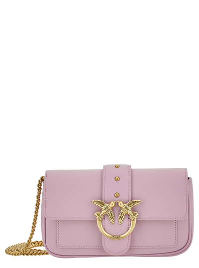 Pinko Love One Pocket Light Purple Shoulder Bag With Logo Detail In Smooth Leather Woman In Violet