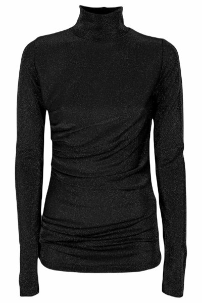 Msgm Glittery Gathered High-neck Metallic T-shirt In Black