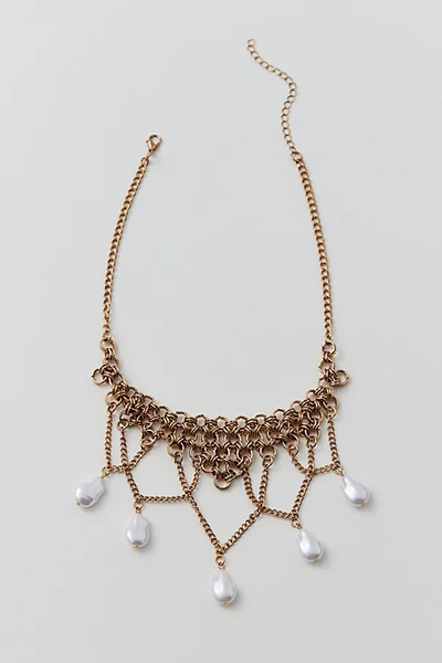 Urban Outfitters Pearl Chain Bib Necklace In Gold, Women's At
