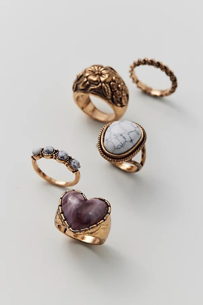 Urban Outfitters Leila Etched Heart Ring Set In Gold, Women's At