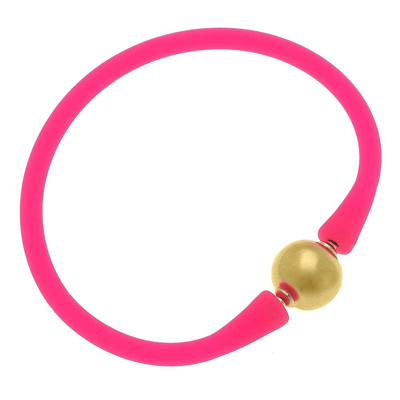 Canvas Style Bali 24k Gold Plated Ball Bead Silicone Bracelet In Neon Pink
