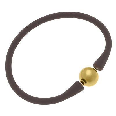 Canvas Style Bali 24k Gold Plated Ball Bead Silicone Bracelet In Chocolate Brown