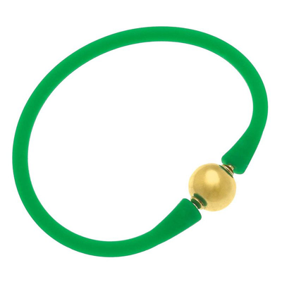 Canvas Style Bali 24k Gold Plated Ball Bead Silicone Bracelet In Green