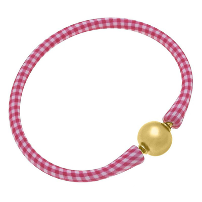 Canvas Style Bali 24k Gold Plated Ball Bead Silicone Bracelet In Pink Gingham