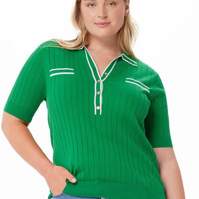 Minnie Rose Plus Size Cotton Cashmere Ribbed Polo In Green