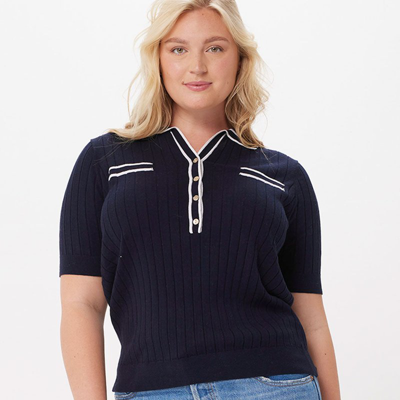 Minnie Rose Rib-knit Polo Top In Blue