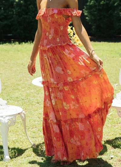 Anna-kaci Strappy Smocked Floral Dress In Orange