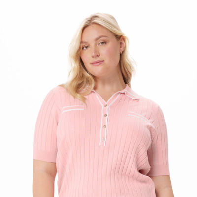 Minnie Rose Plus Size Cotton Cashmere Ribbed Polo In Pink