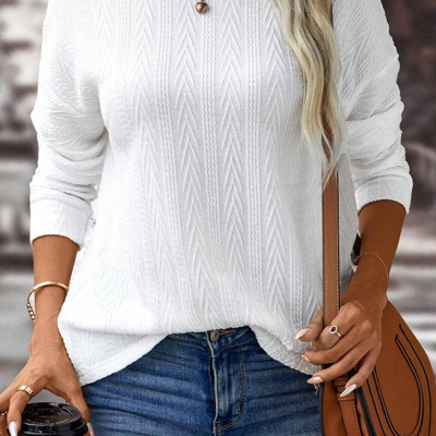 Threaded Pear Jane Round Neck Drop Shoulder Textured Knit Top In White