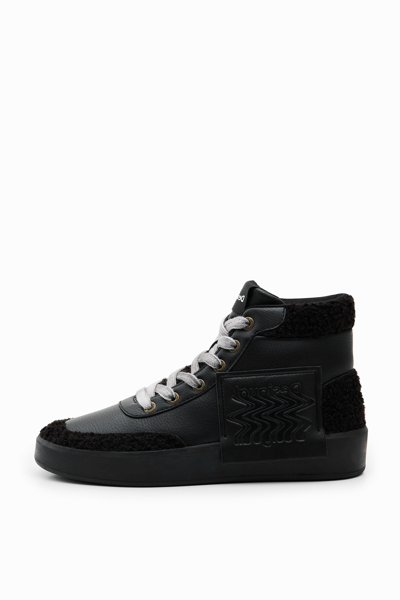 Desigual Faux-sheepskin High-top Sneakers In Black