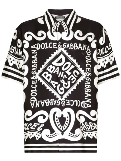 Dolce & Gabbana Printed Short-sleeve Silk Shirt In Black