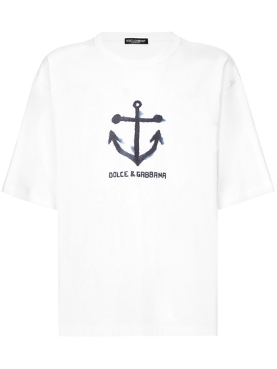 Dolce & Gabbana Oversized White T-shirt With Branded Anchor Print In Cotton Man In Optic White