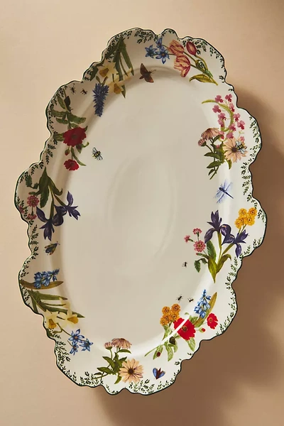 Anthropologie Eden Floral Scalloped Ceramic Serving Platter In Neutral