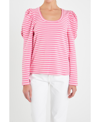 English Factory Puff Sleeve Striped Knit Top In Pink In Pink,white