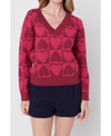 English Factory Heart V-neck Pullover Sweater In Pink Multi