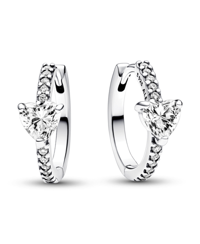 Pandora Sterling Silver With Clear Cubic Zirconia Heart Hoop Earrings