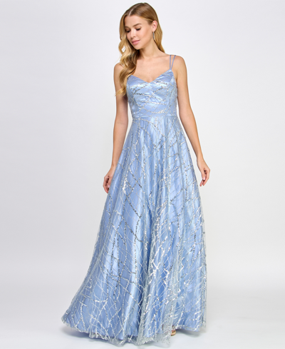 Say Yes Juniors' Strappy Sequin-embellished Ball Gown, Created For Macy's In Silver,blue
