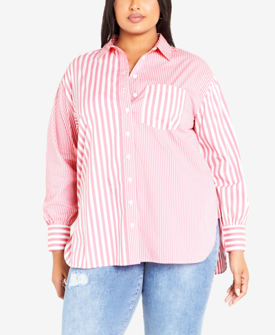 Avenue Plus Size Stripe Mix Collared Shirt In Pink