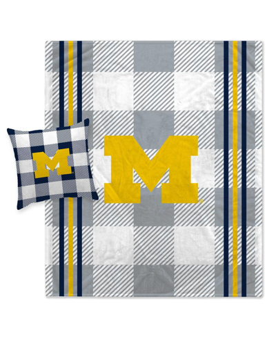 Pegasus Home Fashions Michigan Wolverines Gray Plaid Stripes Blanket And Pillow Combo Set In Yellow,blue