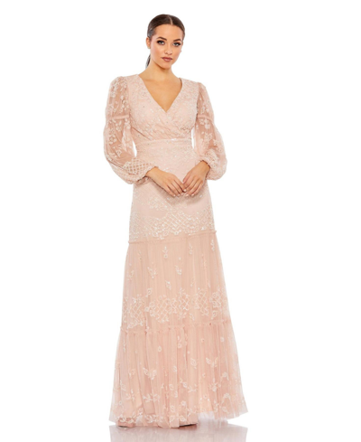 Mac Duggal Sequined Tiered Wrap Over Puff Sleeve Gown In Blush