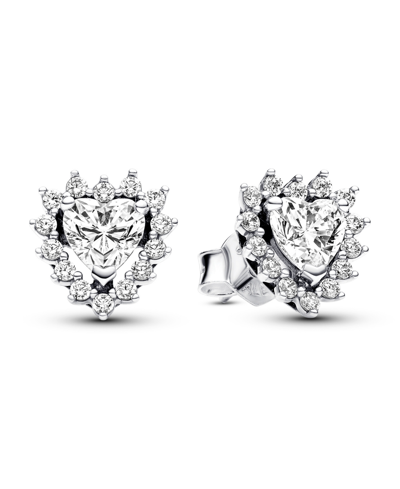 Pandora Sterling Silver With Clear Cubic Zirconia Heart Stud Earrings In Metallic