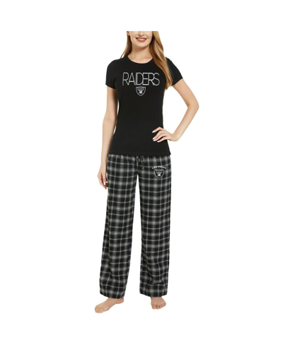 Concepts Sport Women's  Black, Silver Las Vegas Raiders Arcticâ T-shirt And Flannel Pants Sleep Set In Black,silver