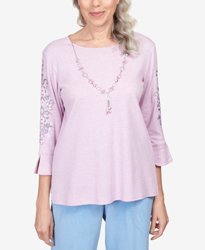 Alfred Dunner Plus Size Swiss Chalet Embroidered Flutter Sleeve Top With Necklace In Raspberry