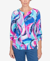 ALFRED DUNNER WOMEN'S CLASSIC PUFF PRINT STAINED GLASS SWIRL SPLIT NECK TOP