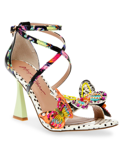 Betsey Johnson Women's Trudie Strappy Sculpted Heel With Butterflies Pumps In Black,white Multi