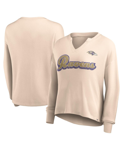 Fanatics Women's  Tan Distressed Baltimore Ravens Go For It Notch Neck Waffle Knit Long Sleeve T-shir