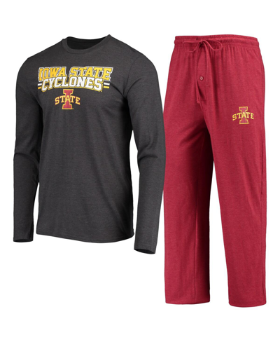 CONCEPTS SPORT MEN'S CONCEPTS SPORT CARDINAL, HEATHERED CHARCOAL DISTRESSED IOWA STATE CYCLONES METER LONG SLEEVE T