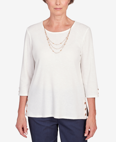 Alfred Dunner Plus Size St.moritz Solid Knit Flutter Sleeve Top With Necklace In Ivory