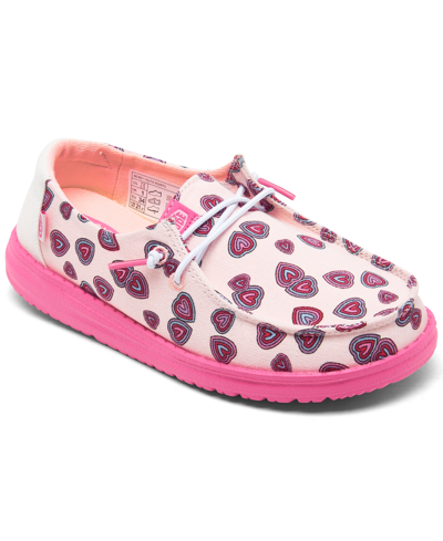 Hey Dude Kids' Little Girls Wendy Hearts Casual Moccasin Sneakers From Finish Line In White,pink