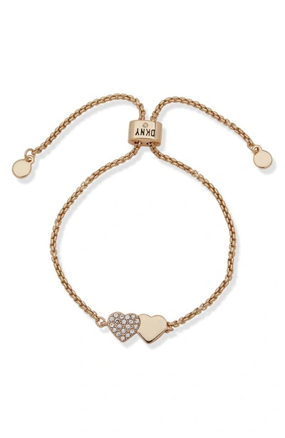 Dkny Gold-tone Pave Crystal Double Heart Slider Bracelet In Gold/ Crystal